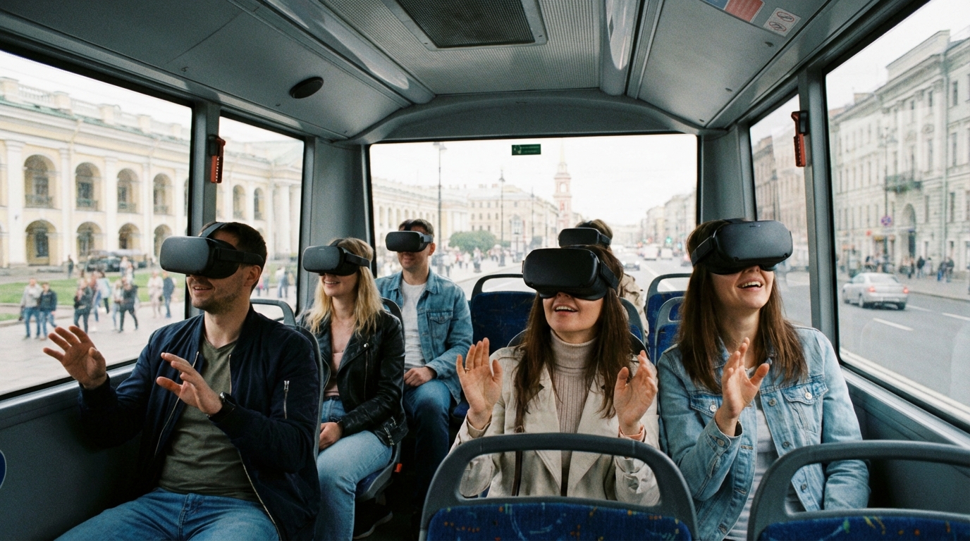 Пассажиры в очках виртуальной реальности в экскурсионном автобусе Санкт-Петербурга