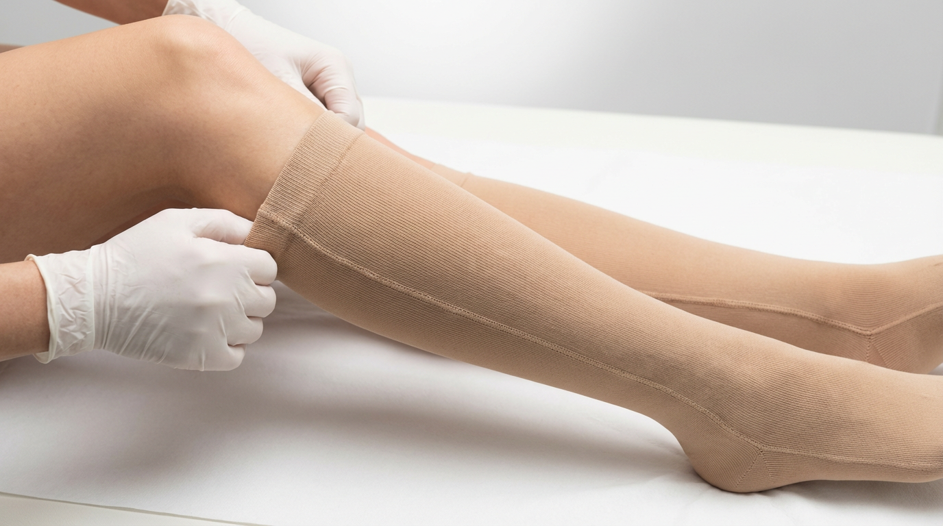 Расправление компрессионного чулка по голени с помощью рук в перчатках