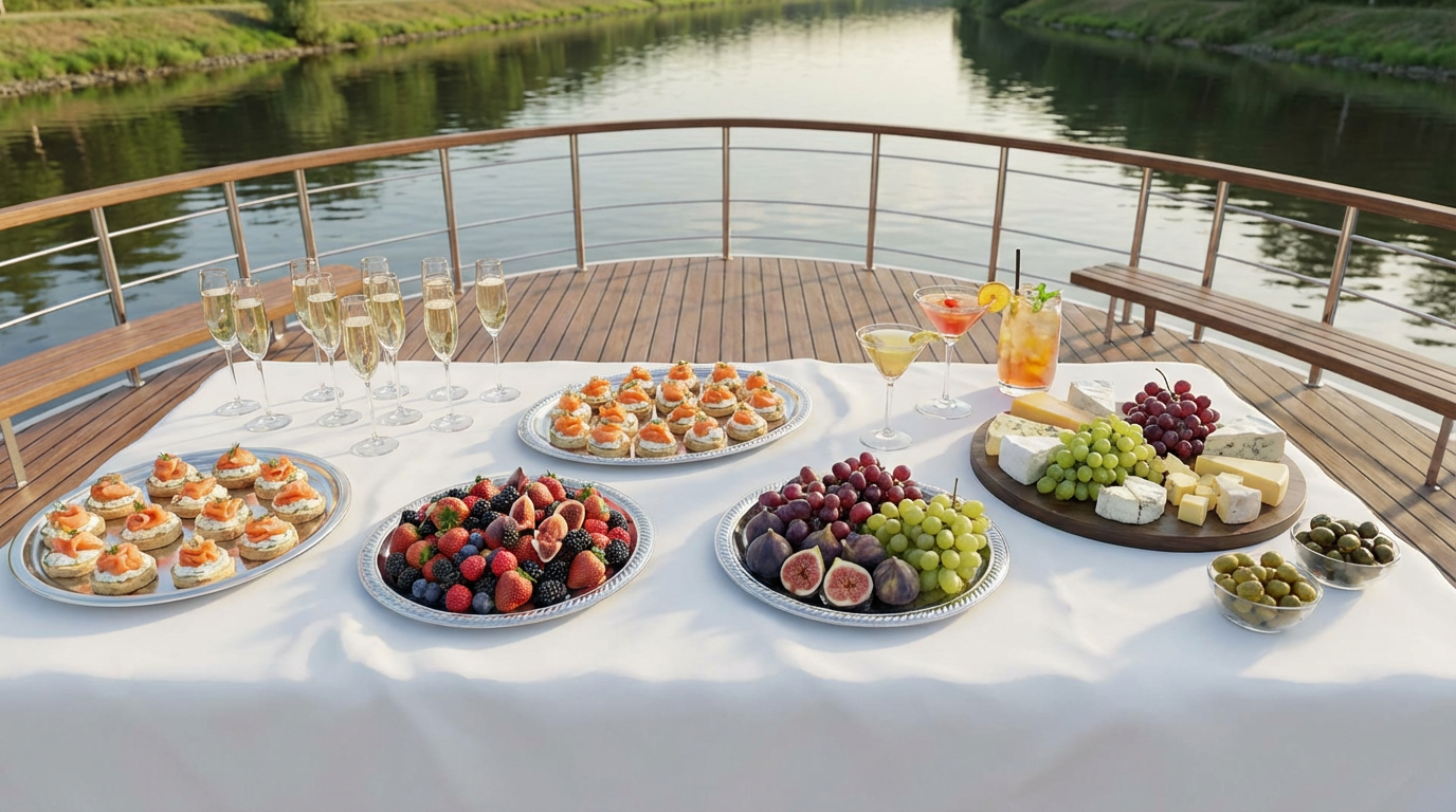 Фуршетный стол на речном трамвайчике с закусками и напитками