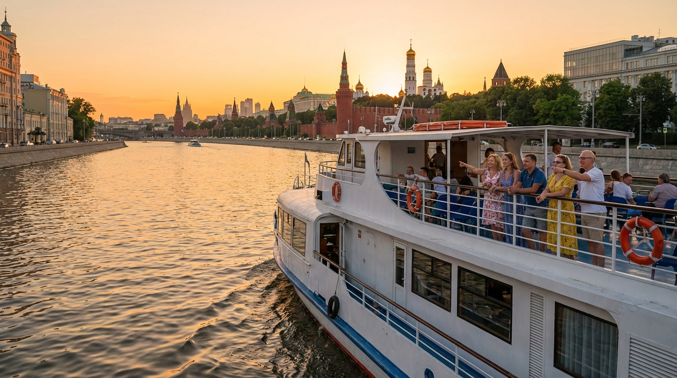 Теплоход на водной прогулке по Москве-реке с видом на Кремль