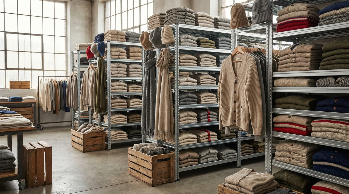 Ассортимент вязаной одежды на складе оптового поставщика