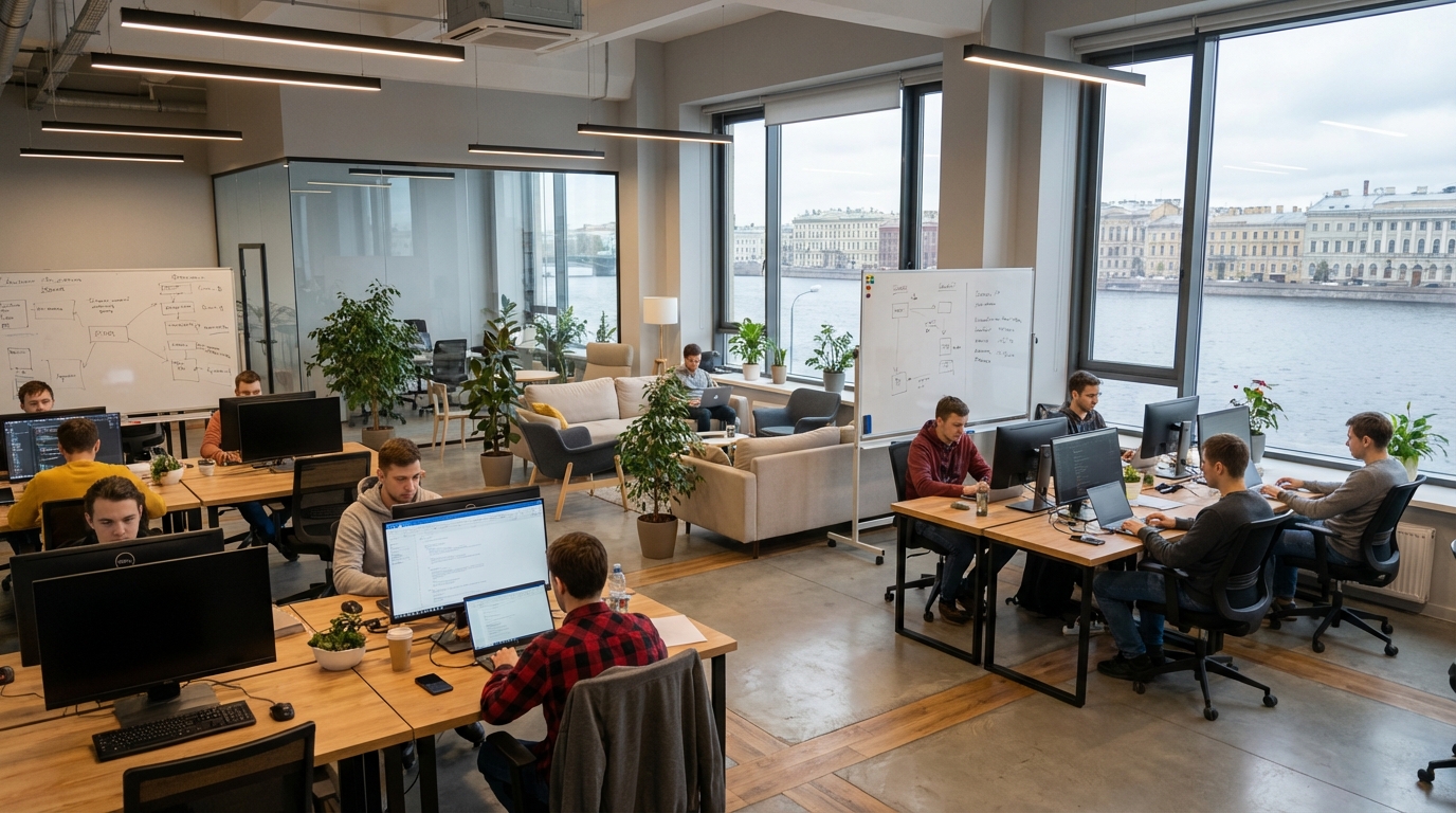 Фотореалистичное изображение современного офиса IT-компании в Санкт-Петербурге, общий план с ракурсом слегка сверху, показывающий команду из