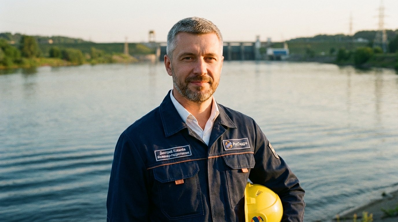 Дмитрий Ковалёв — портрет инженера-гидротехника на фоне водоёма в профессиональной одежде