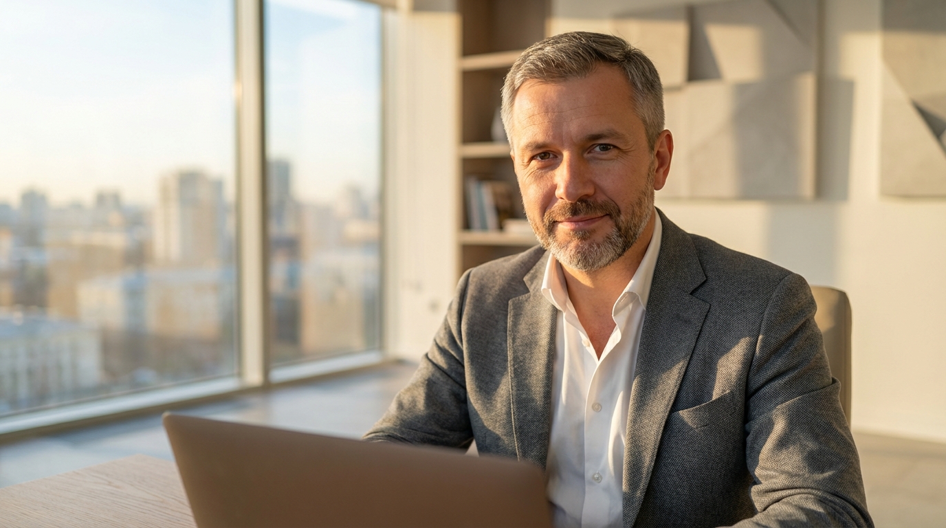 Дмитрий Соколов — портрет автора, мужчина средних лет в современном офисном интерьере с элементами дизайна