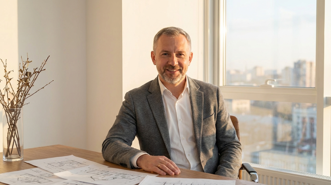 Алексей Воронин — профессиональный портрет дизайнера интерьеров в естественной обстановке с элементами минимализма