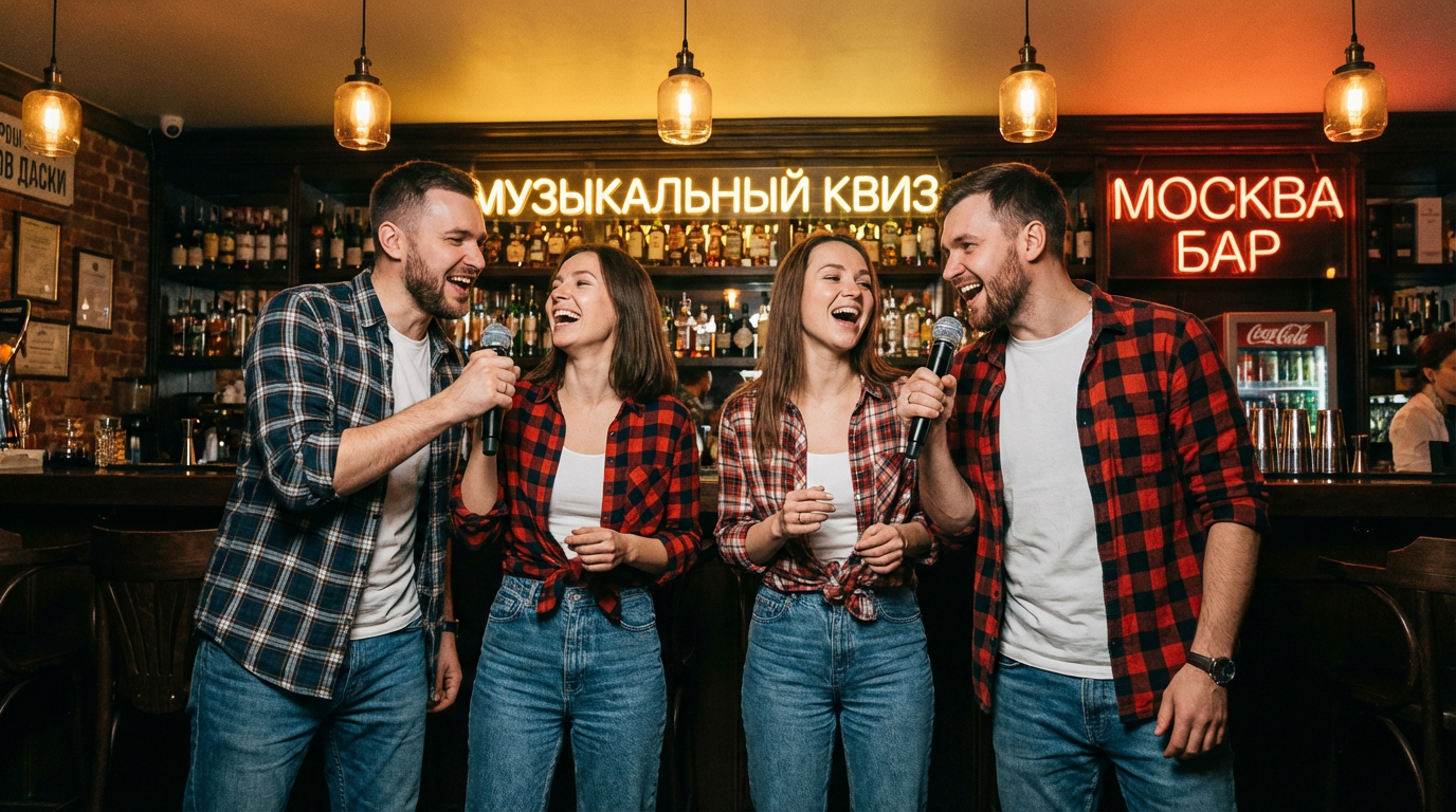 Участники музыкального квиза поют в баре Москвы