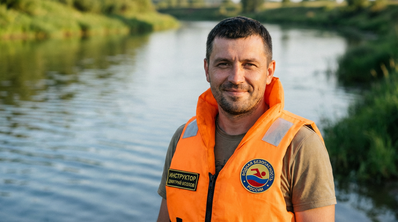 Дмитрий Козлов — портрет инструктора по водной безопасности на фоне реки