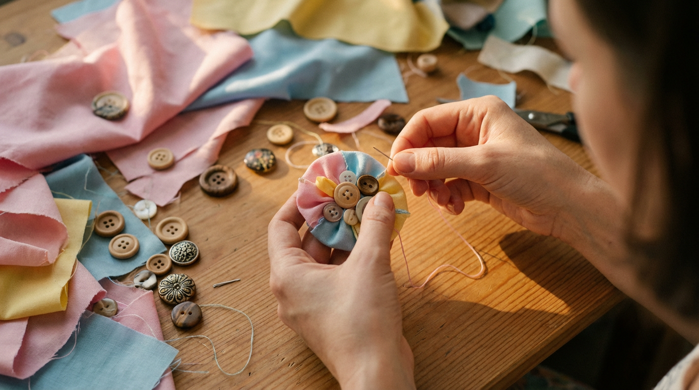 Процесс создания броши из лоскутов ткани и пуговиц