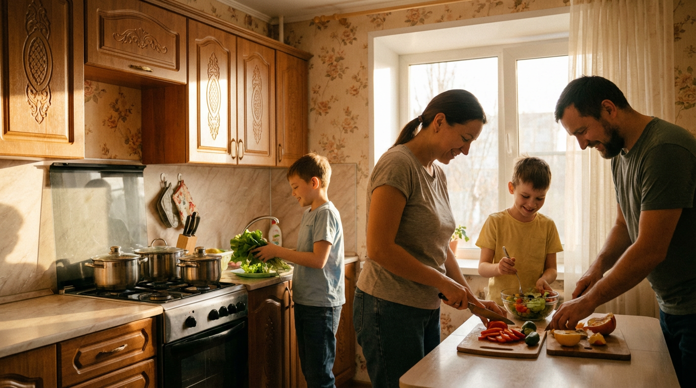 Семья готовит полезный ужин с овощами и фруктами в российской квартире