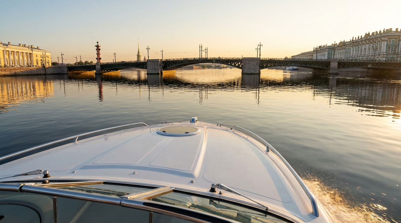 Катер на Неве в Санкт-Петербурге с видом на мосты