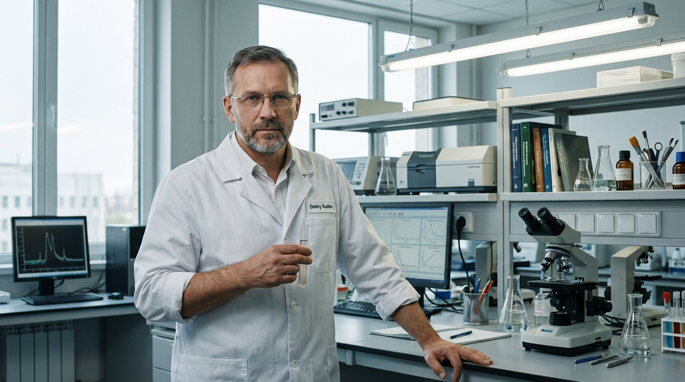 Дмитрий Козлов — профессиональный портрет автора в лабораторной обстановке, средний возраст, в белом халате с оборудованием