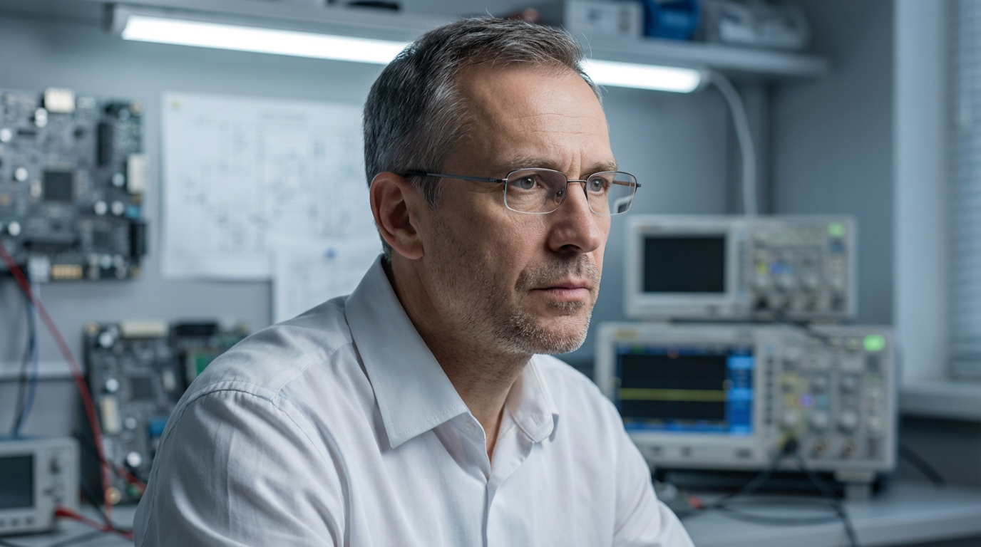 Дмитрий Соколов — портрет инженера-электроника в лабораторной обстановке с элементами схем на фоне