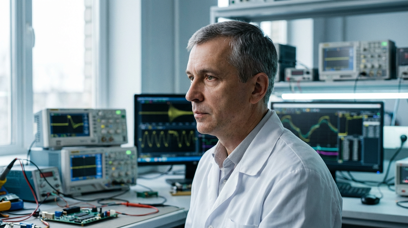 Алексей Воронин — портрет автора в лабораторной обстановке с электронными приборами