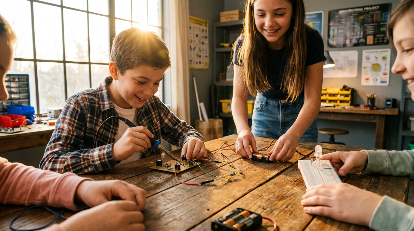 Дети собирают схему с транзистором в STEM-игре