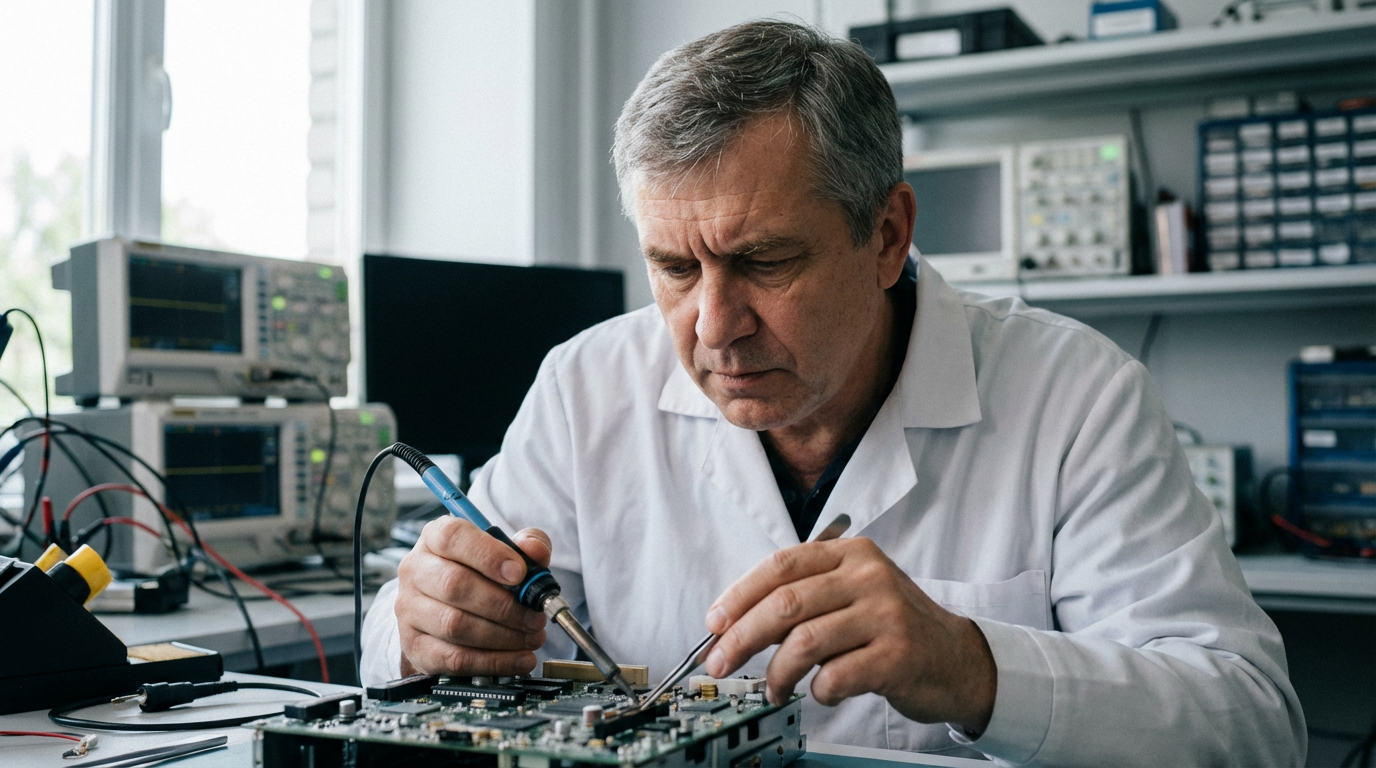 Виктор Лебедев — портрет эксперта в лабораторной обстановке с элементами электроники