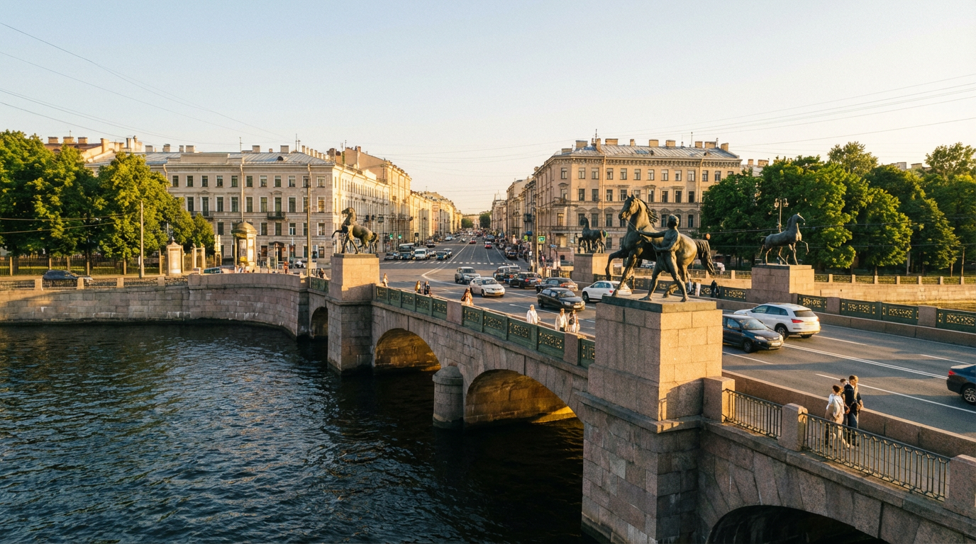 Общий вид Аничкова моста в Санкт-Петербурге с Невского проспекта