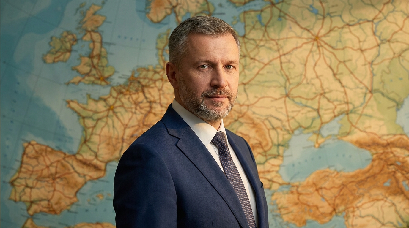 Дмитрий Козлов — портрет автора в деловом костюме на фоне карты маршрутов