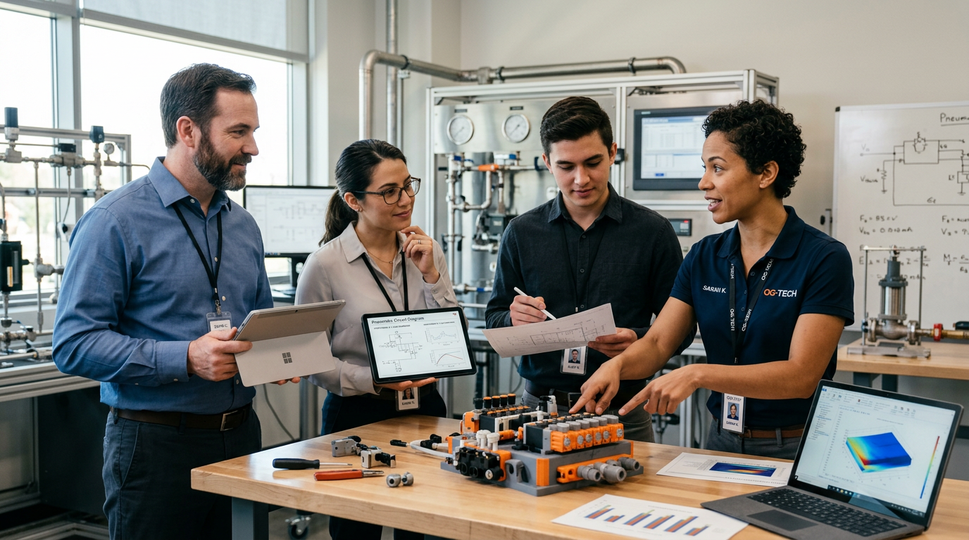 Инженеры обсуждают гипотезы для пневмораспределителей в нефтегазе