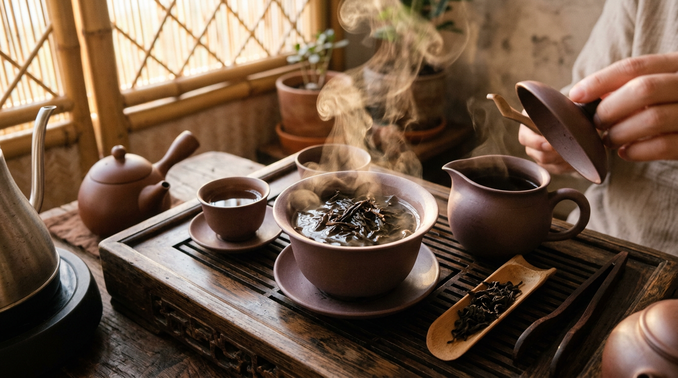 Процесс заваривания Да Хун Пао методом gongfu cha в гайвани