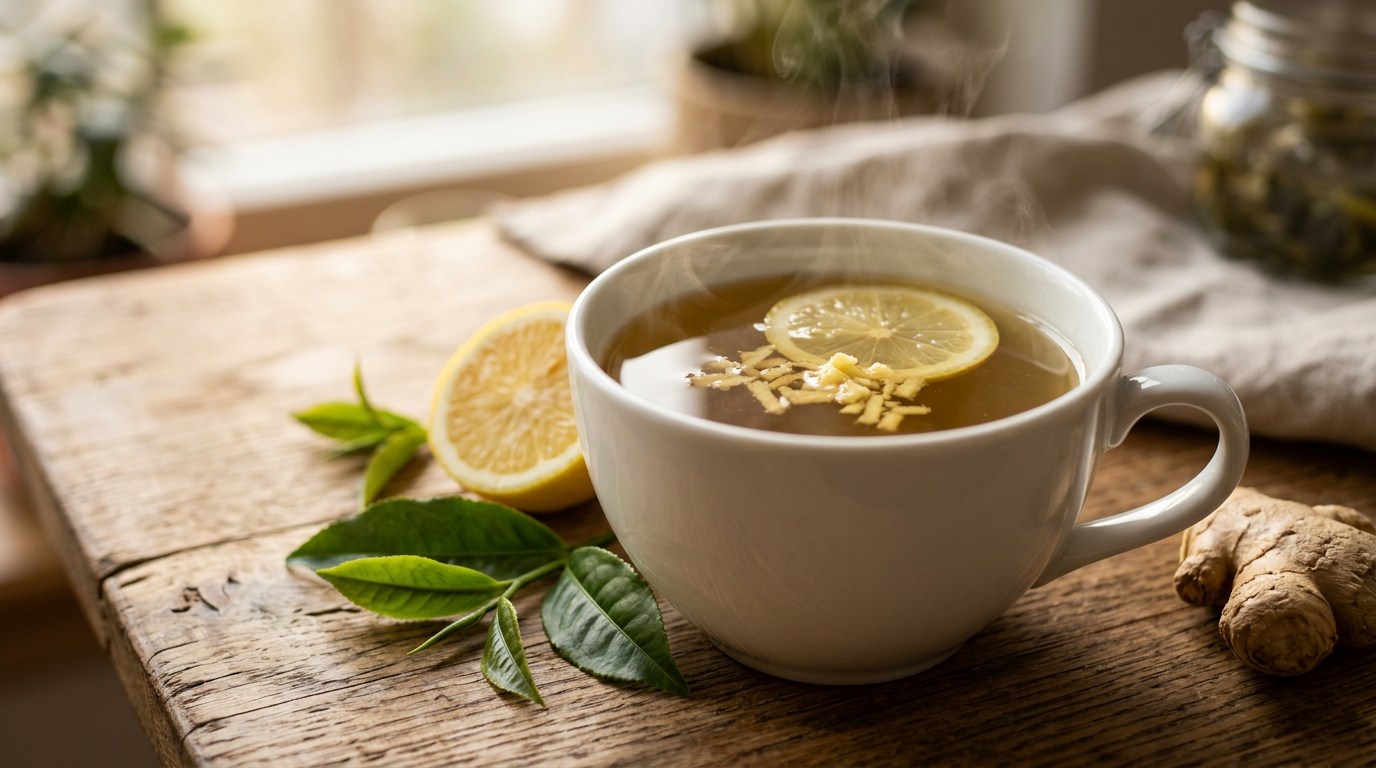 Зеленый чай для похудения в чашке с лимоном и имбирем