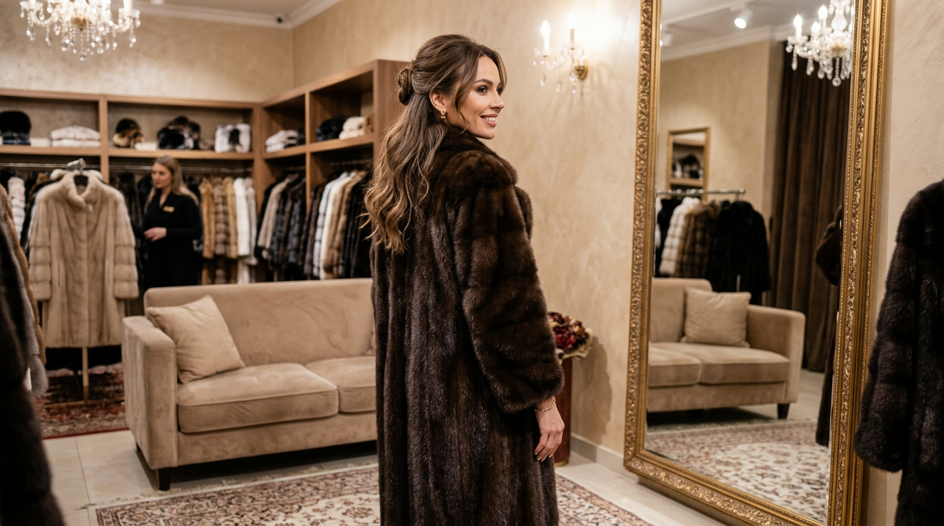 Женщина примеряет длинную норковую шубу в салоне