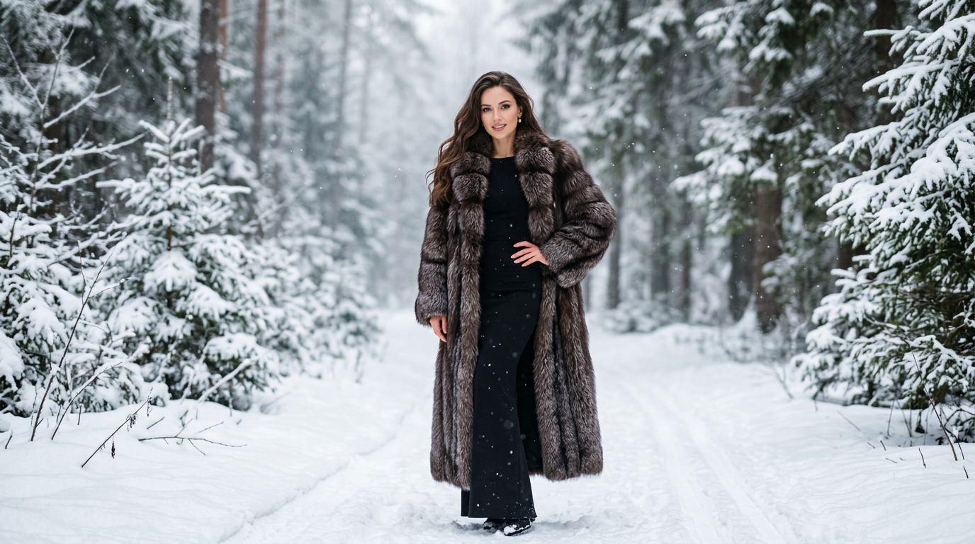 Длинная шуба из соболя на модели в зимнем лесу