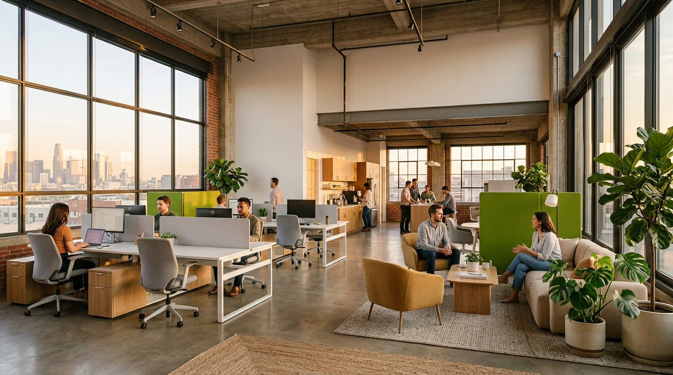 Открытое офисное пространство с современной модульной мебелью в новом стиле