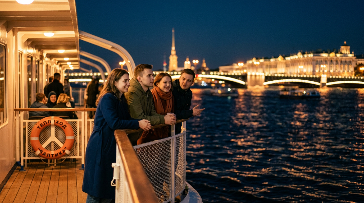 Группа людей на палубе теплохода вечером в Санкт-Петербурге