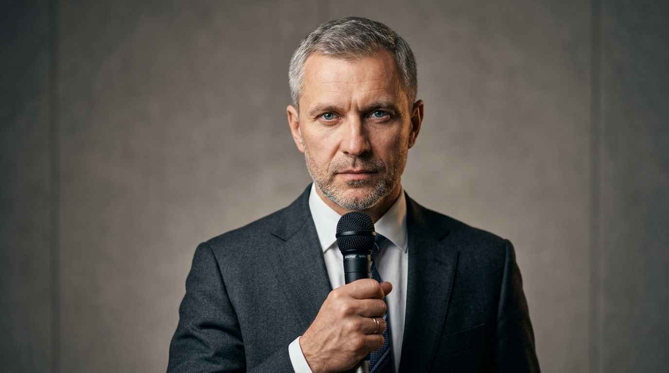 Дмитрий Козлов — портрет эксперта в студии с микрофоном, серьезный взгляд, 45 лет