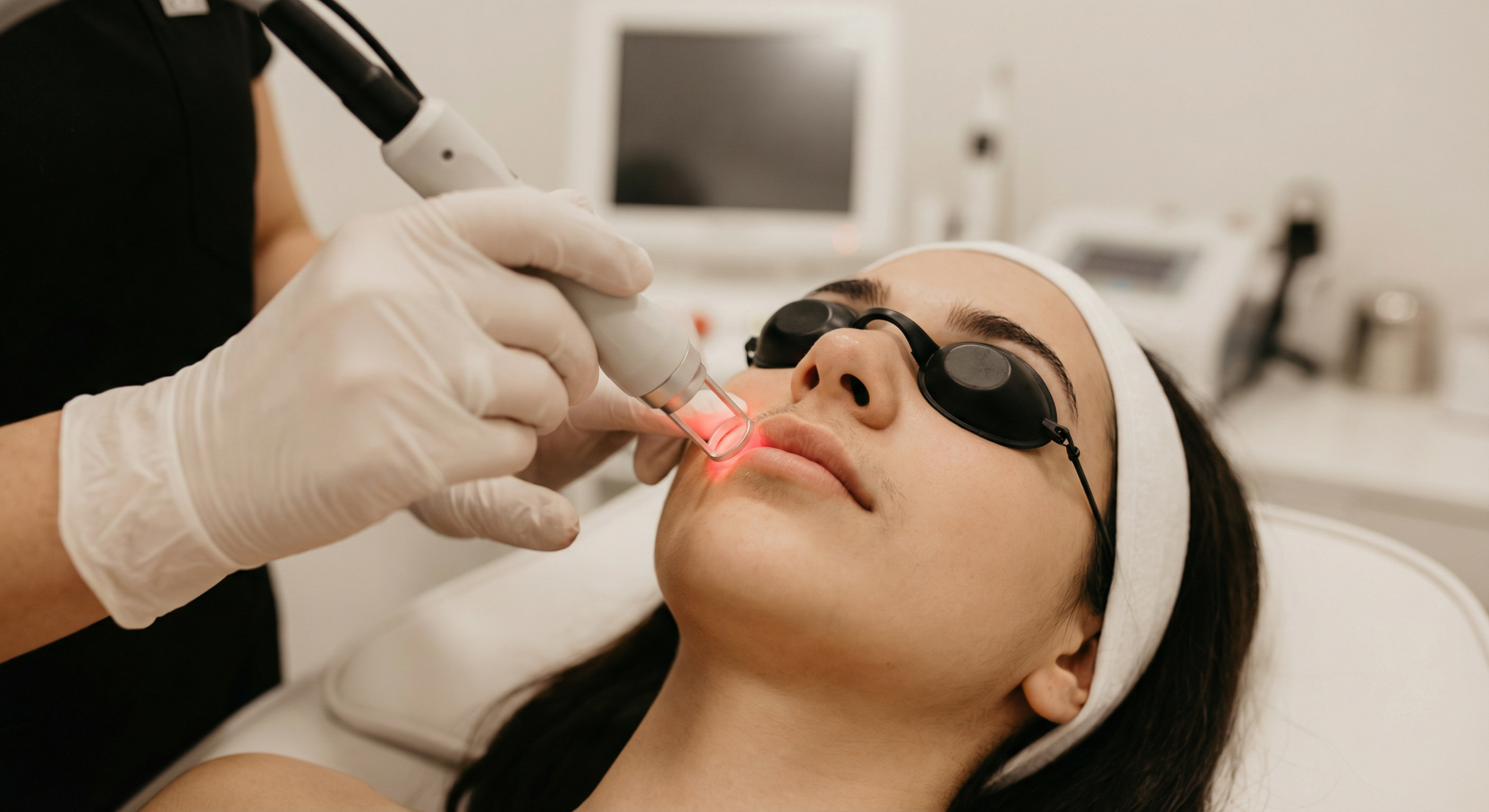 эпиляция зоны усиков и подбородка лазером на лице женщины