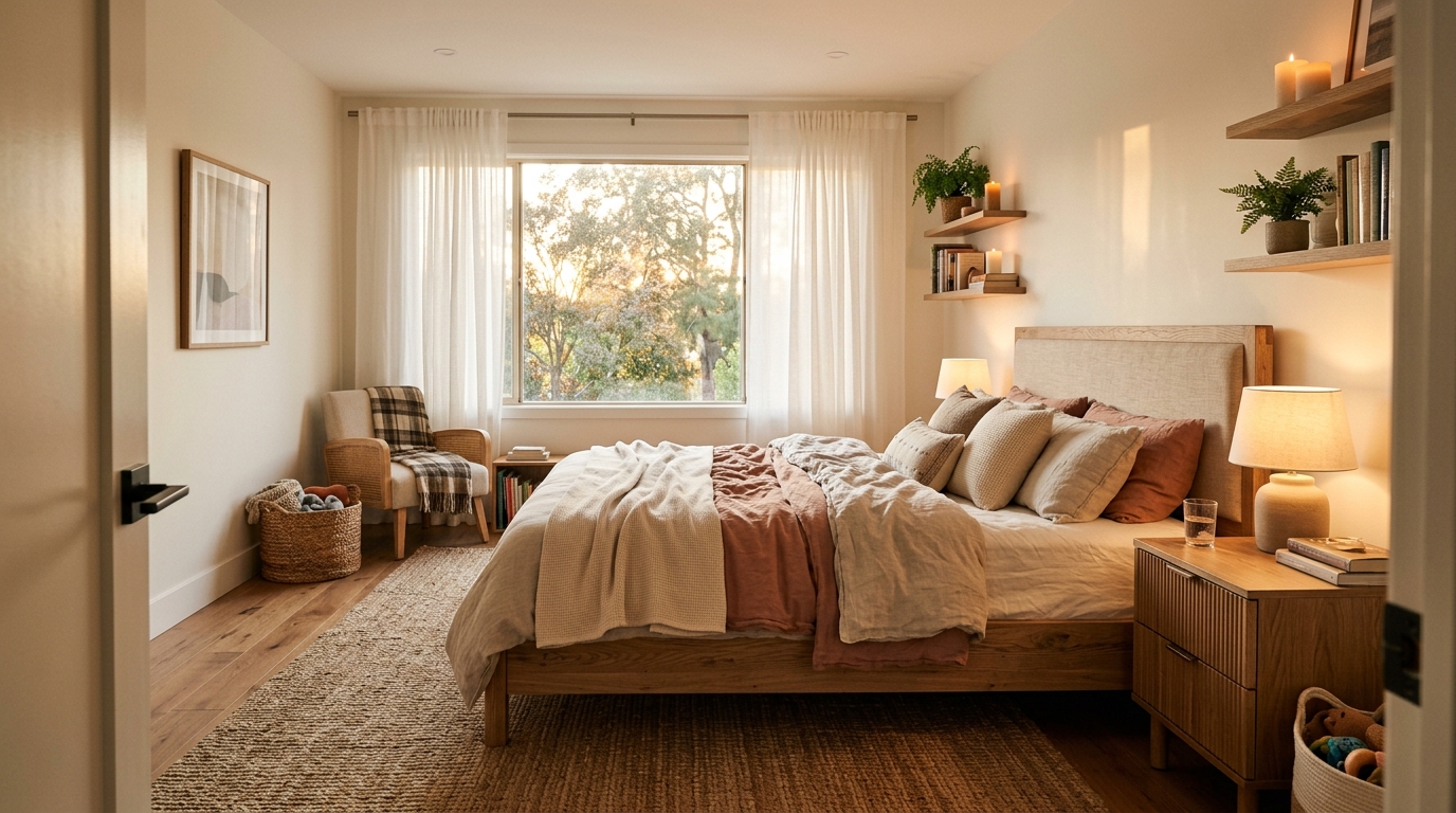 Уютная спальня с модульной мебелью и натуральным текстилем для семьи