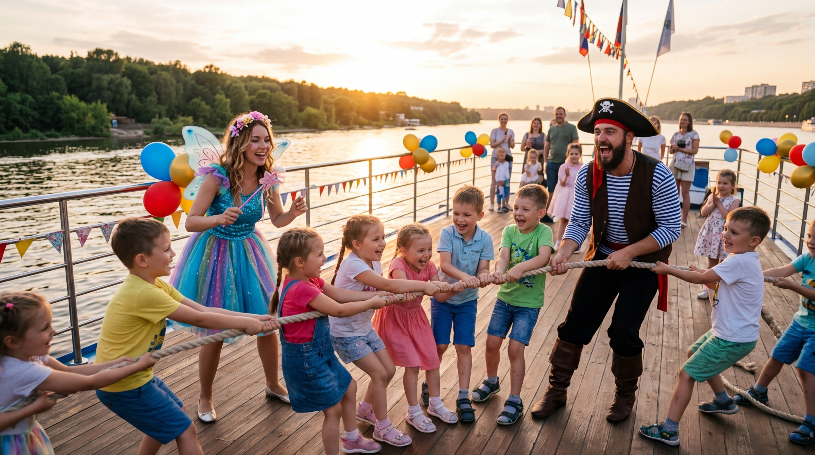 Аниматоры проводят игры и конкурсы для детей на борту теплохода во время дня рождения