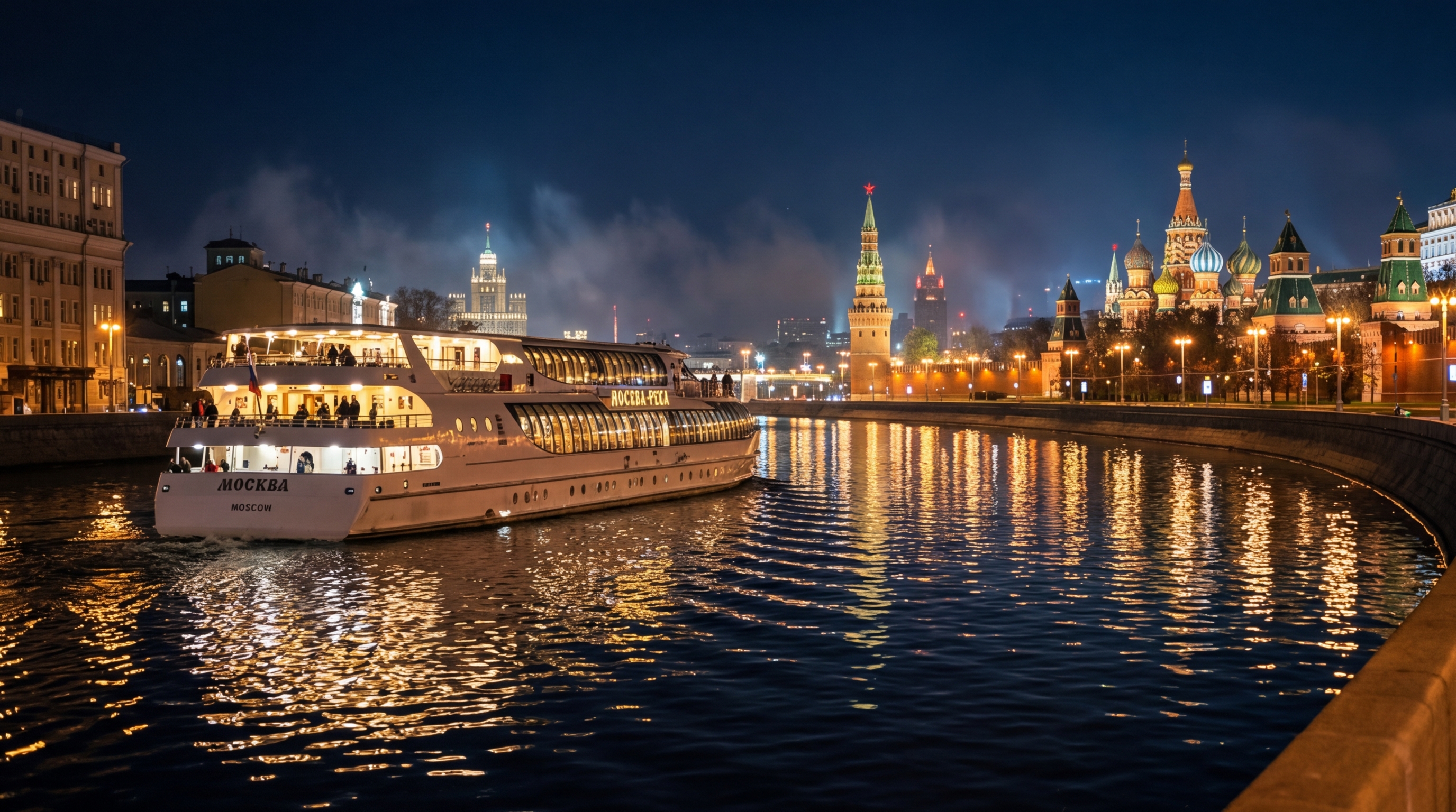Теплоход проплывает мимо подсвеченного Кремля ночью, огни отражаются в реке