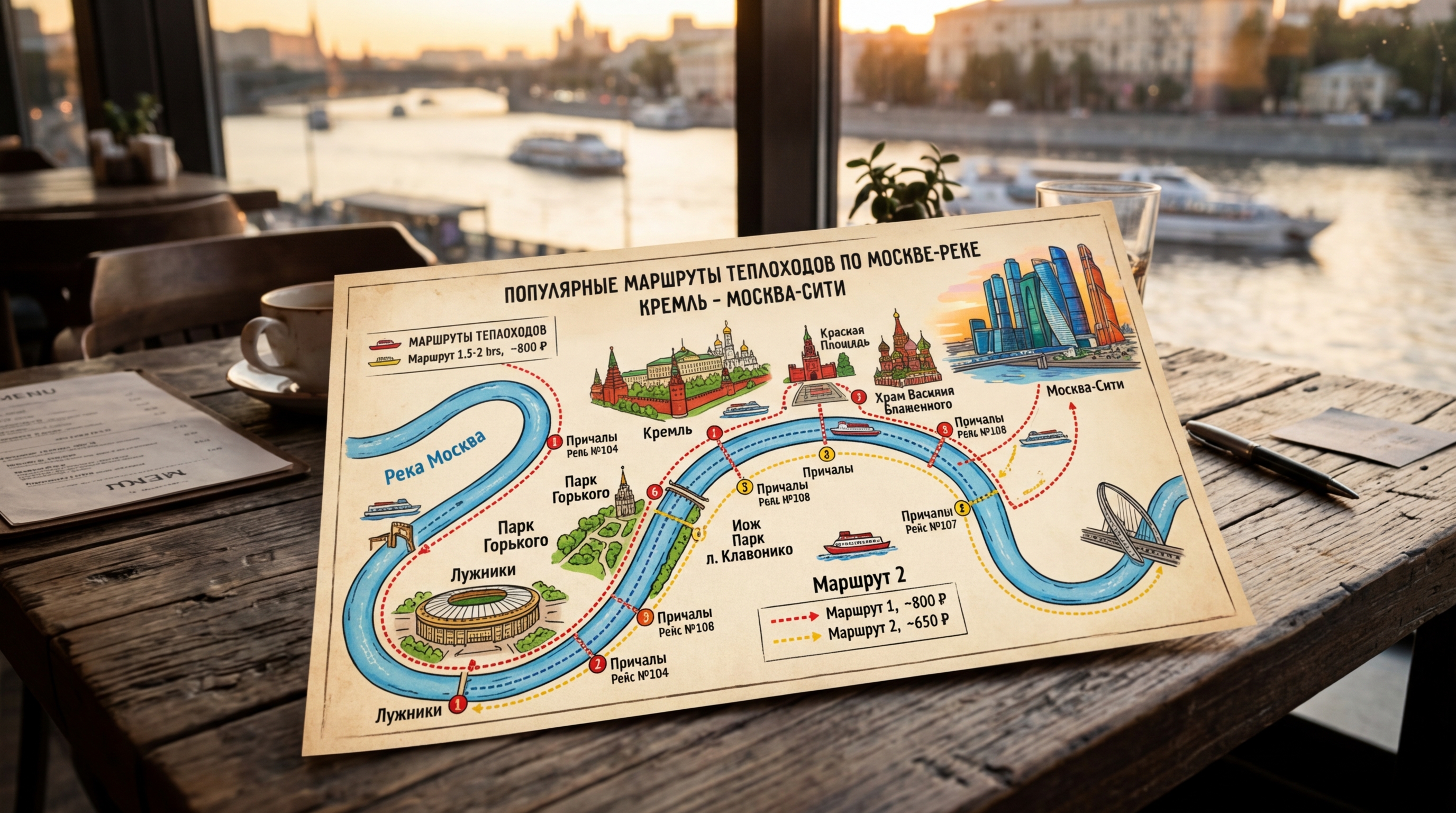 Схема популярных маршрутов теплоходов по Москве-реке с видами на Кремль и Москва-Сити