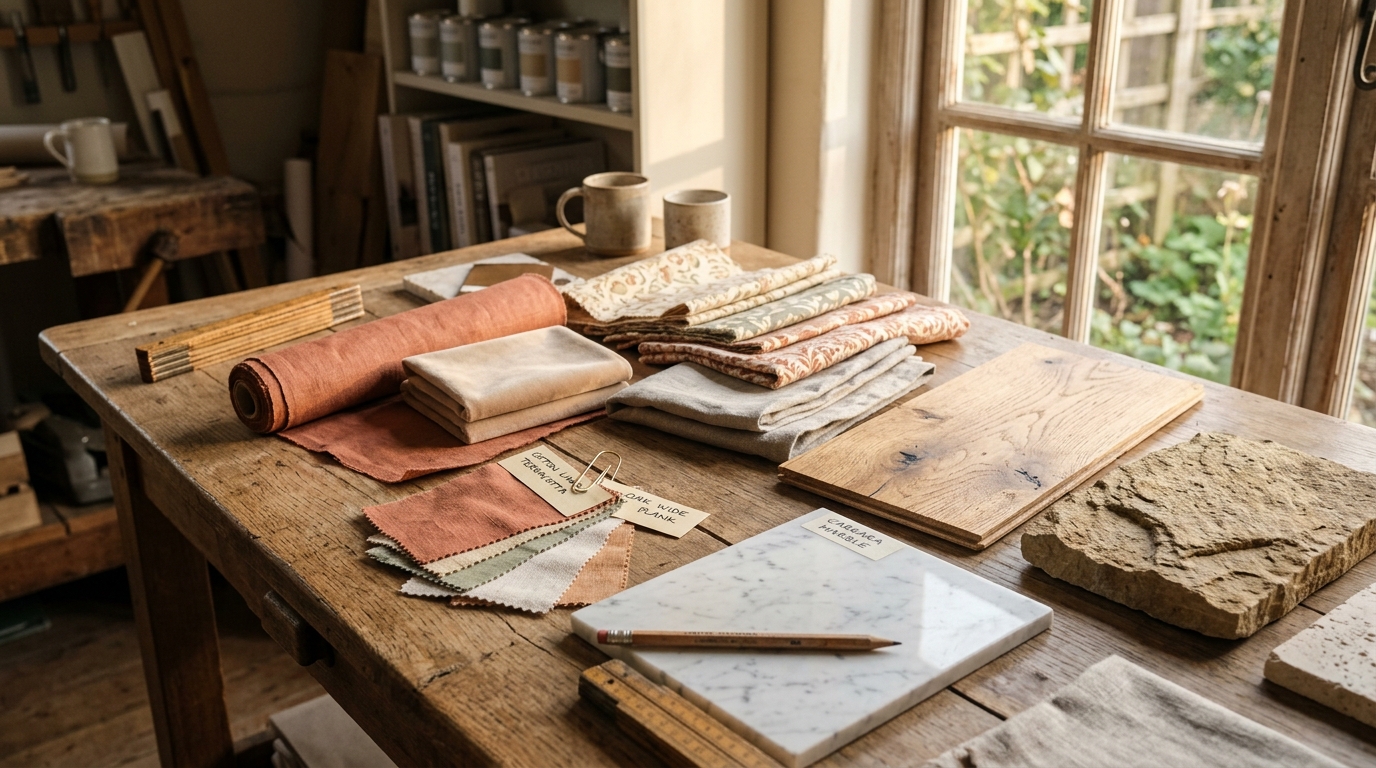 Подбор образцов материалов для интерьера коттеджа: ткани, дерево и камень на столе