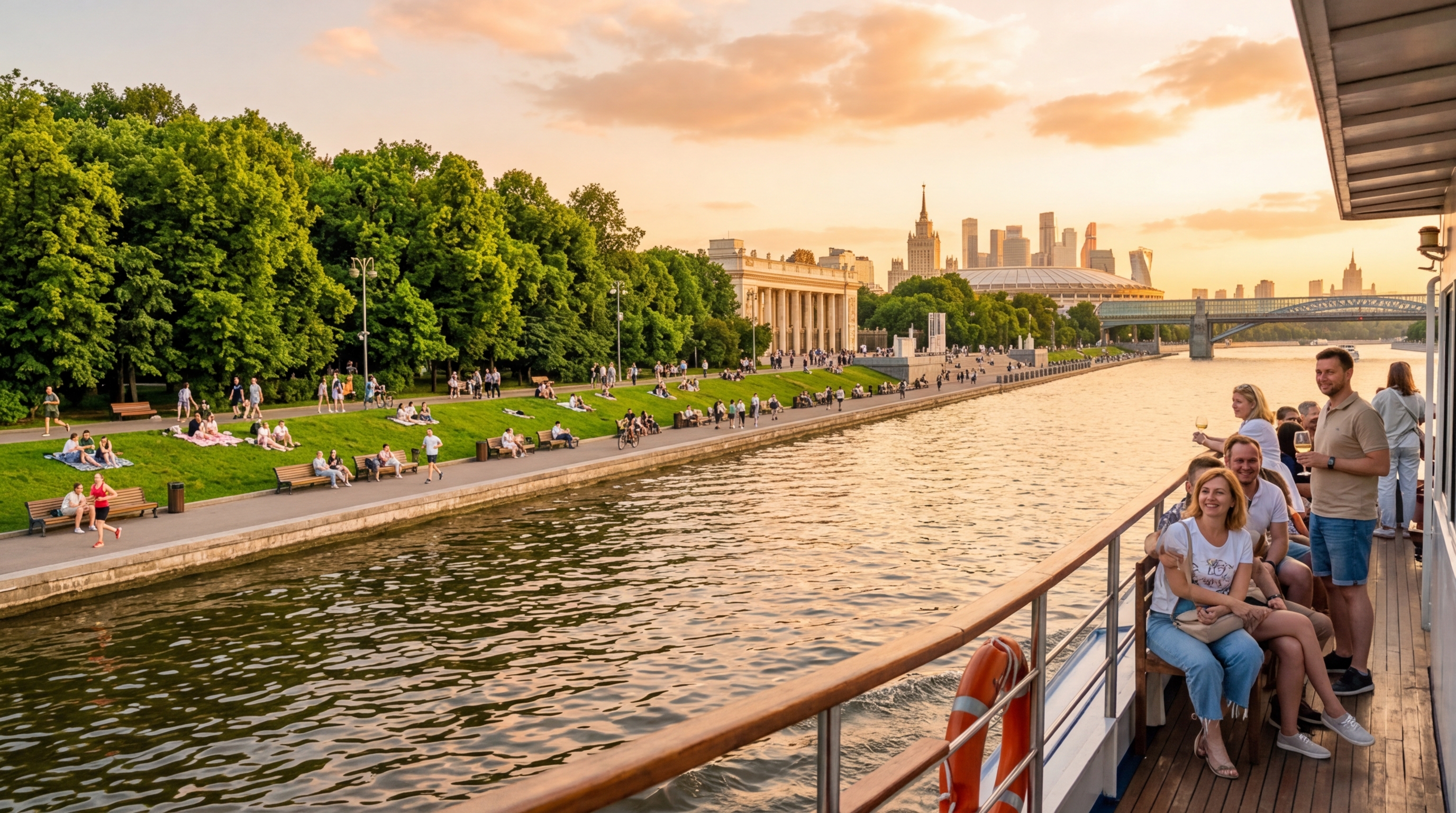 Речная прогулка мимо Парка Горького с видом на зеленые набережные и отдыхающих людей