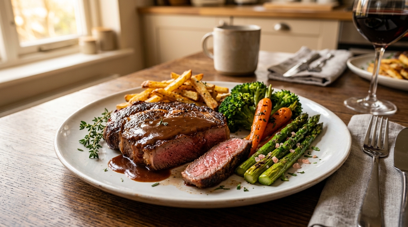 Стейк с гарниром на домашней кухне, приготовленный по ресторанному рецепту