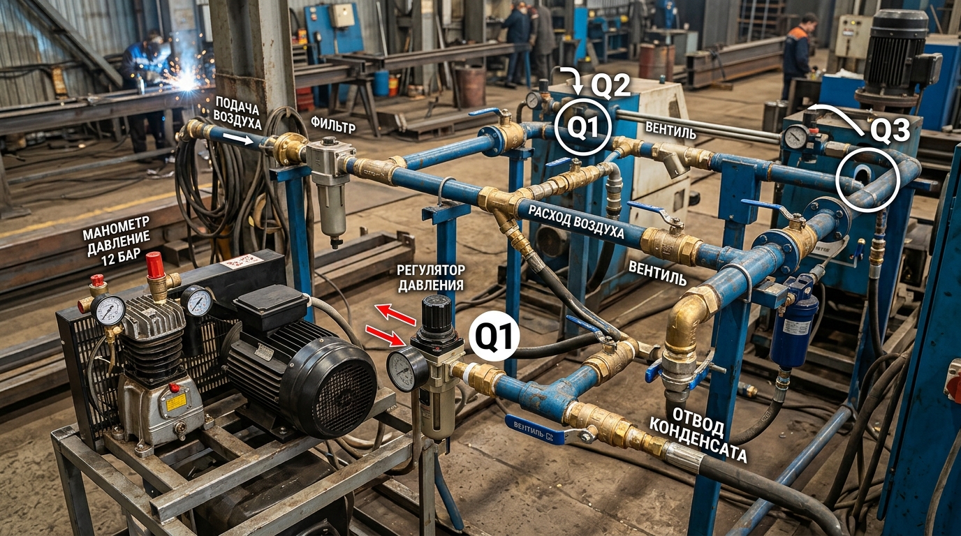 Схема типичной пневмосистемы на российском заводе с указанием точек расчета расхода воздуха и регулятора давления