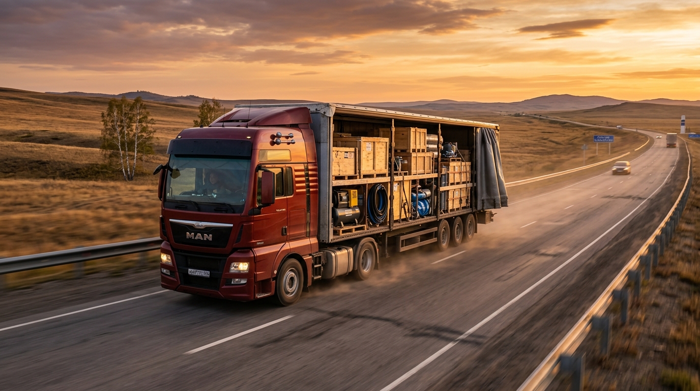 Грузовик с ящиками пневмооборудования едет по трассе из России в Казахстан