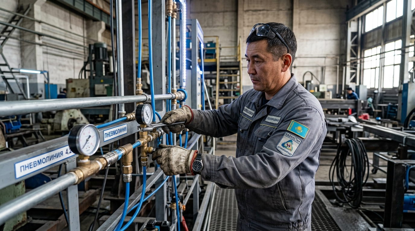 Инженер настраивает пневматическую линию на заводе в Казахстане