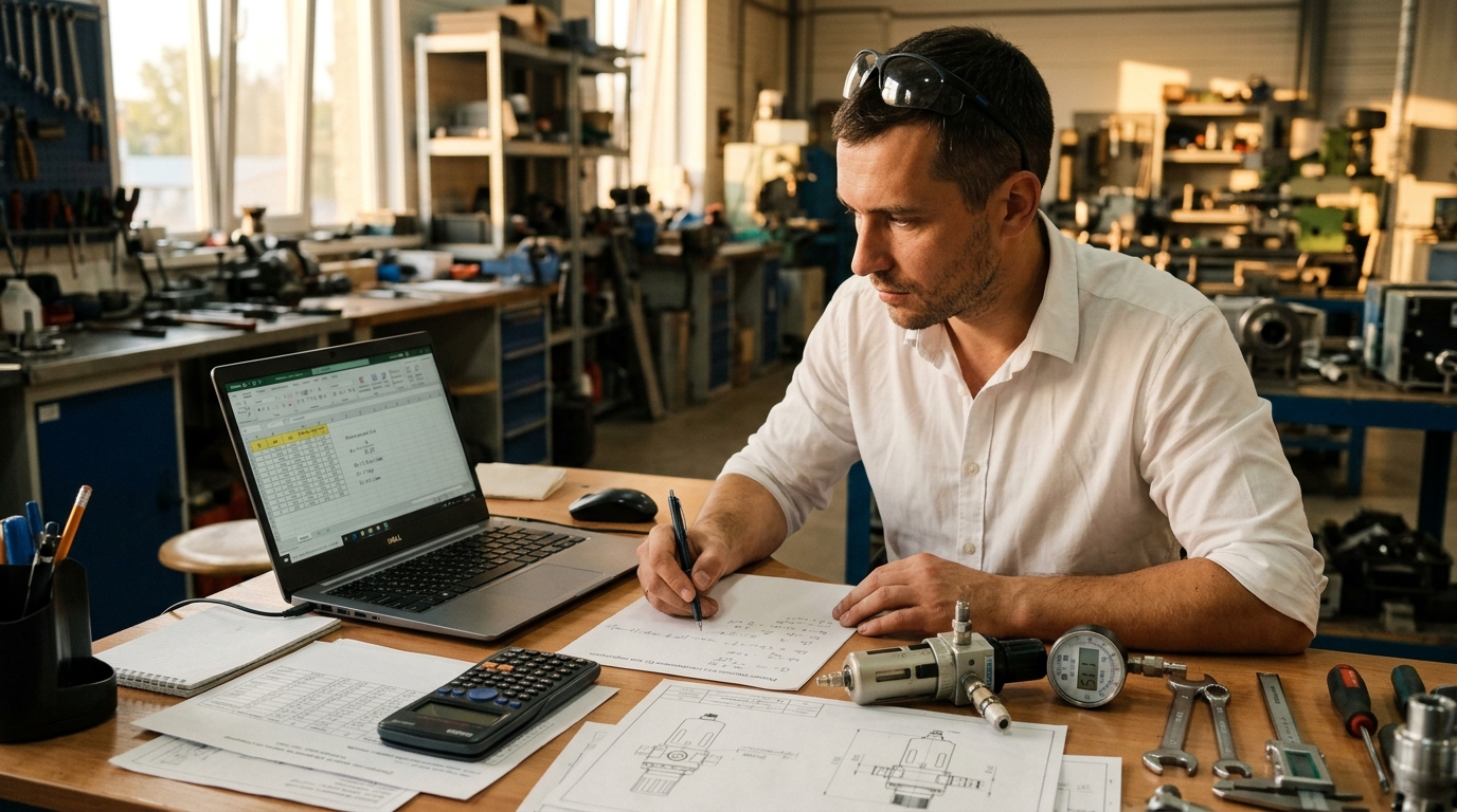 Инженер рассчитывает расход воздуха и Kv для редуктора в пневмосистеме