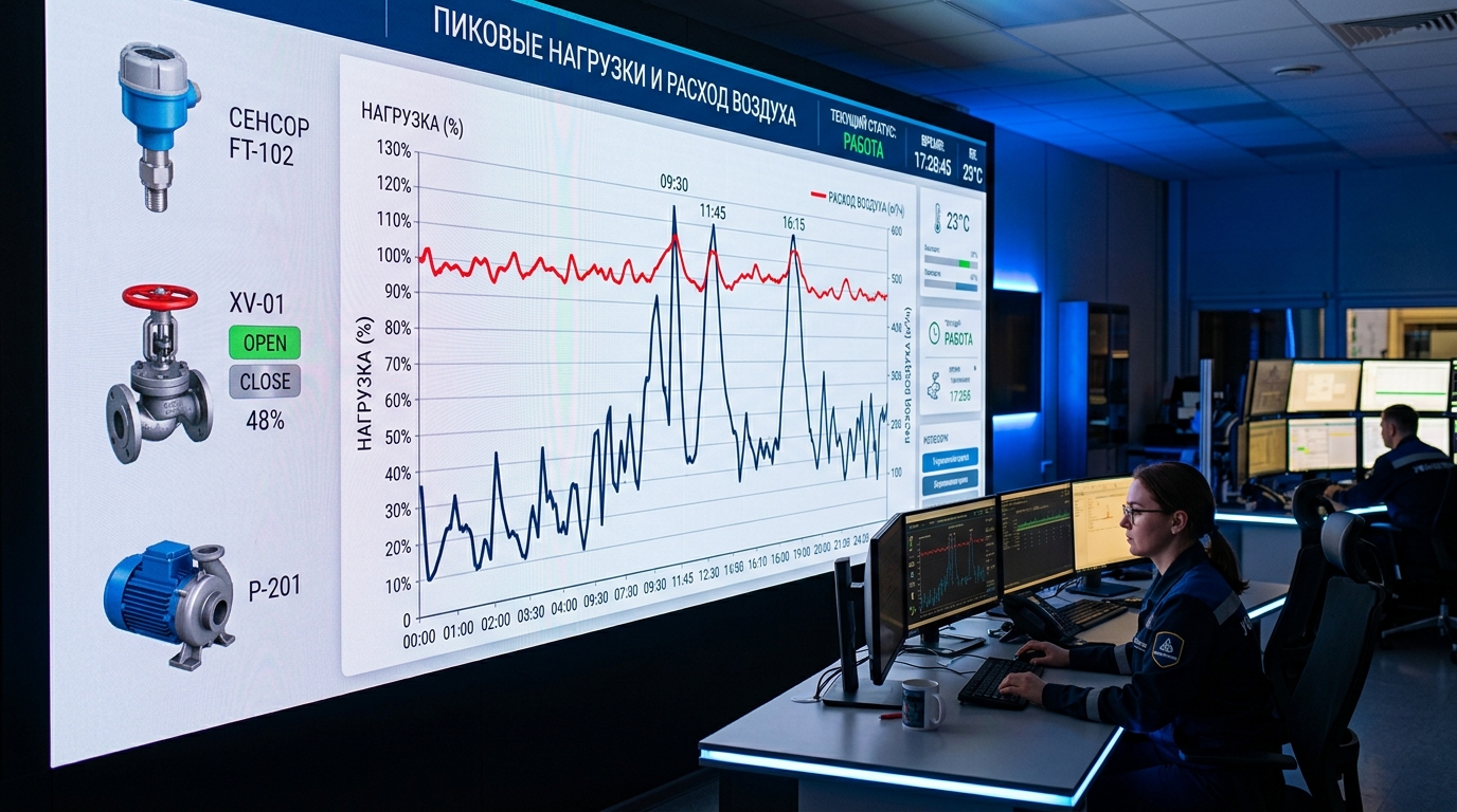 Диаграмма пиковых нагрузок и расхода воздуха в нефтехимической установке под Уфой с NAMUR-компонентами