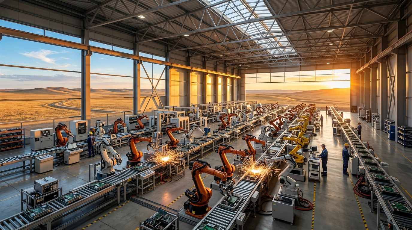 Современный автоматизированный завод в Казахстане с роботами и конвейерами на фоне степей