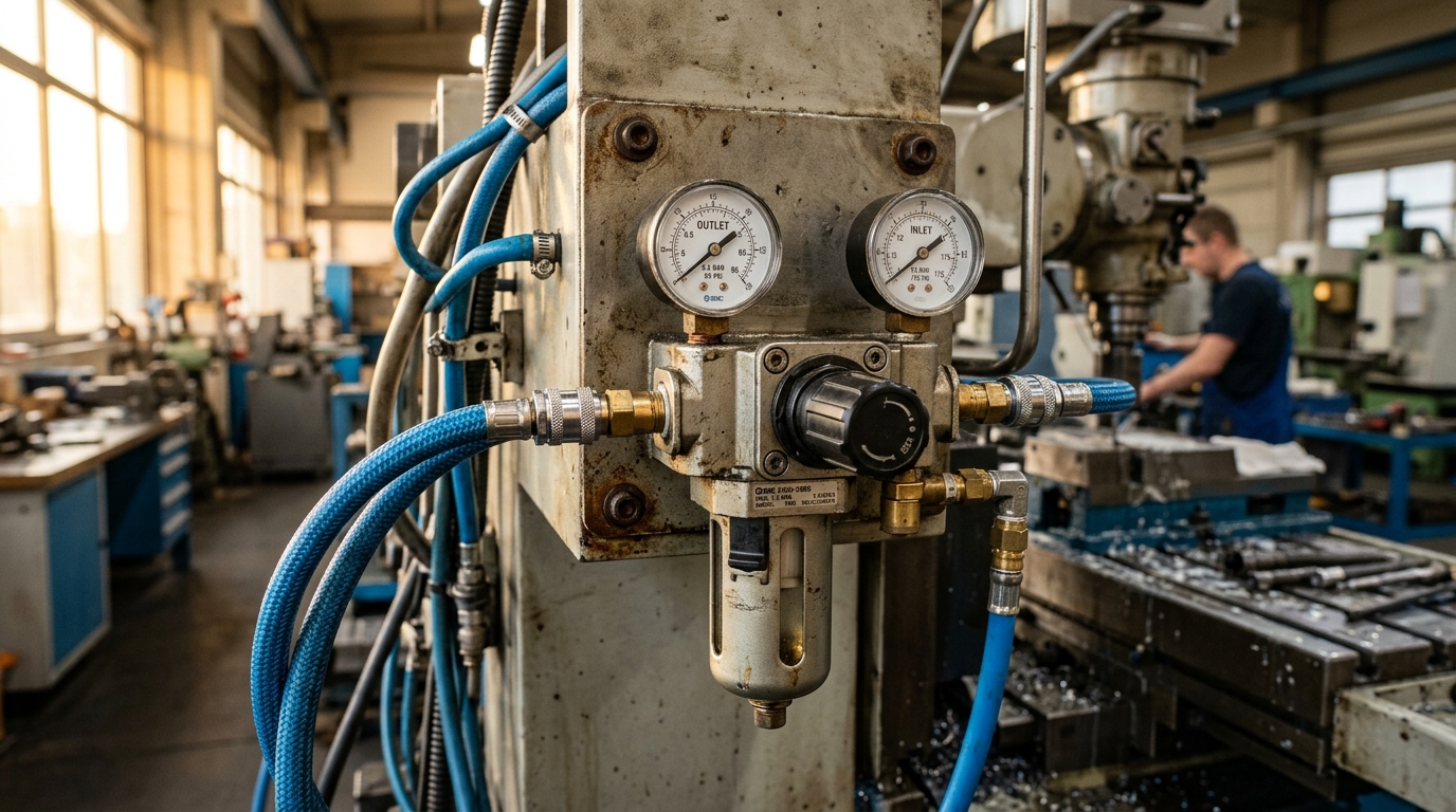 Редуктор давления установлен на пневмосистеме станка с подачей воздуха