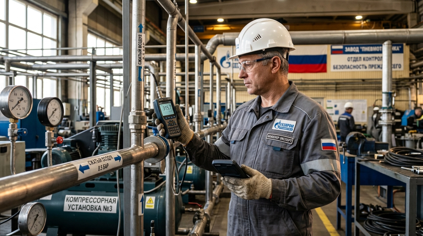 Инженер-эксперт проверяет расход воздуха в пневмосистеме на российском производстве с манометром и калькулятором