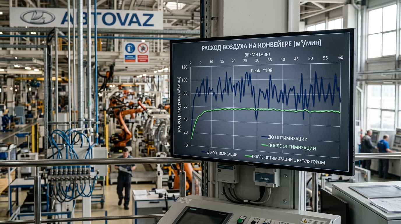 График расхода воздуха на конвейере автозавода в Тольятти до и после оптимизации с регулятором