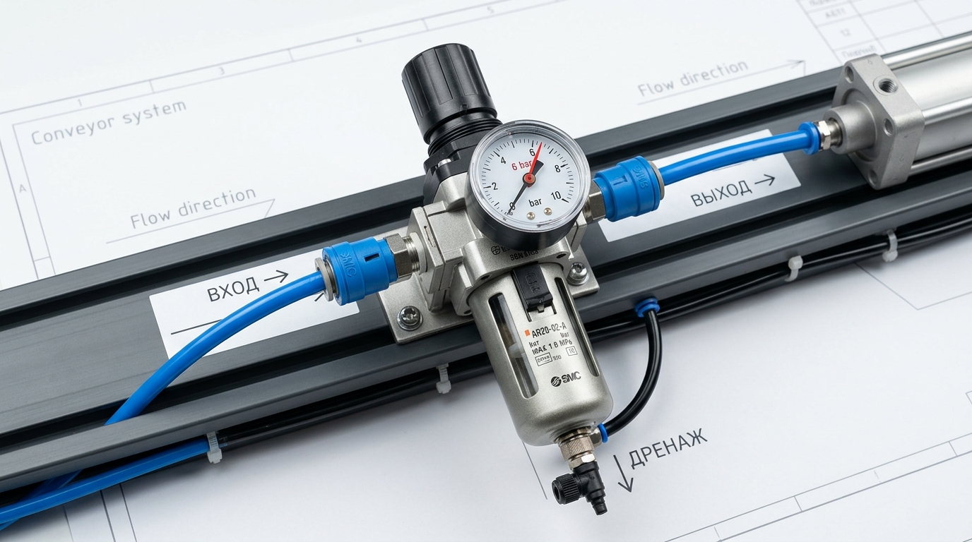 Схема монтажа регулятора давления в пневматической системе конвейера с быстросъемниками и манометром