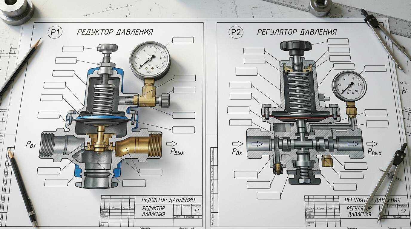 Схема устройства редуктора давления слева и регулятора давления справа с указанием ключевых элементов