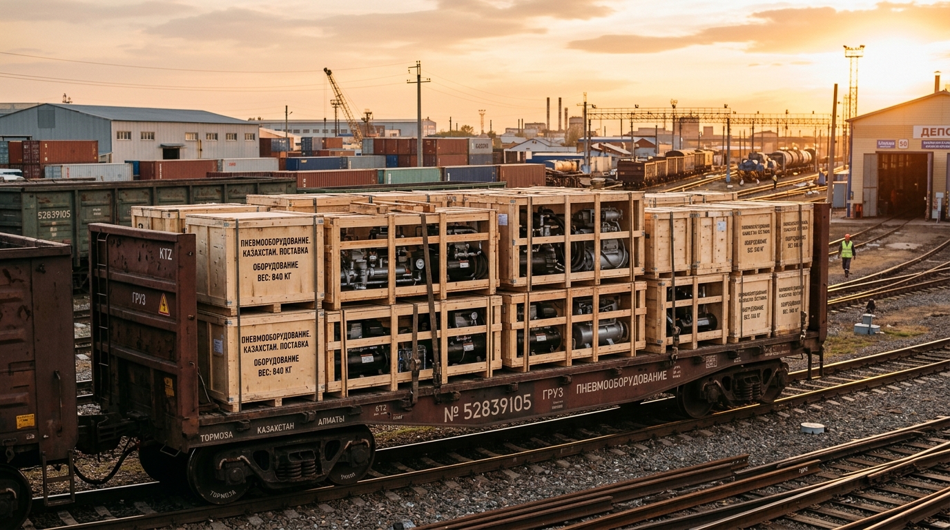 Железнодорожный вагон, загруженный ящиками с пневмооборудованием для поставки в Казахстан