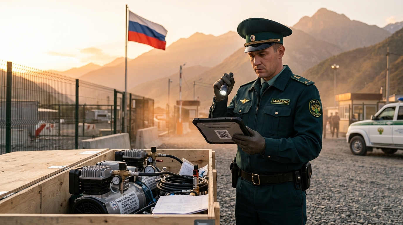 Таможенник на границе проверяет декларацию и ящики с пневмооборудованием из России